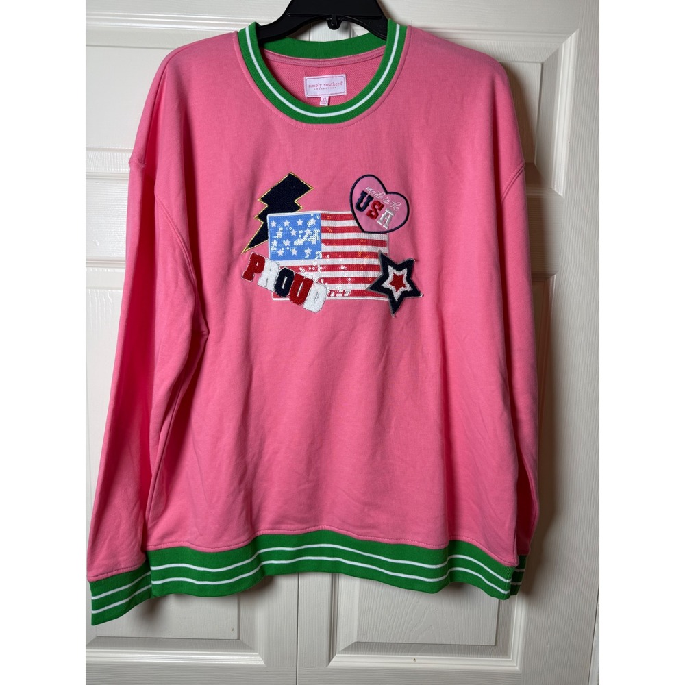 Simply Southern Pink Crewneck Sweatshirt with Green Trim & Patriotic Patch